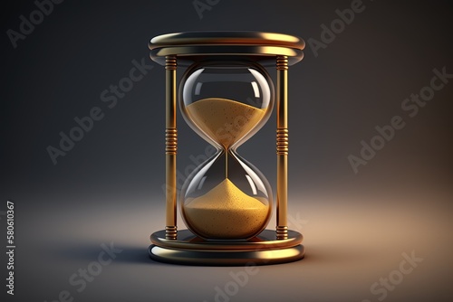 Golden hourglass illustration, dark background, time concept. Generative AI