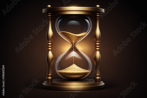 Golden hourglass illustration, dark background, time concept. Generative AI