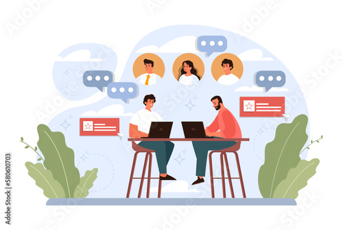 Brainstorming or discussion. New idea generation in a team cooperation.