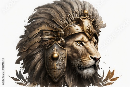 Lion head illustration with spartan helmet  white background. Generative AI