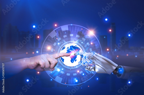 Robot and Human Hands Touching Fingers on futuristic world graphic icon and night blue city background, 3D Rendering Artificial Intelligence system and Metaverse Technology Development