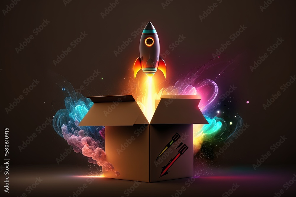 Cardboard box rocket illustration, logistics concept, black background ...