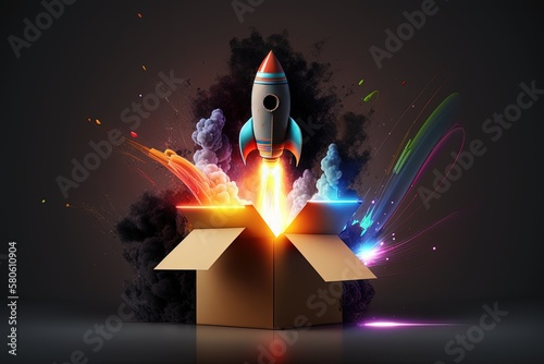 Cardboard box rocket illustration, logistics concept, black background with neon lights. Generative AI
