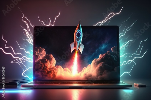 Illustration of rocket taking off from laptop screen, black background with lightning and neon lights. Generative AI