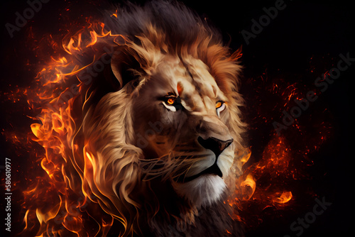 lion burning head portrait