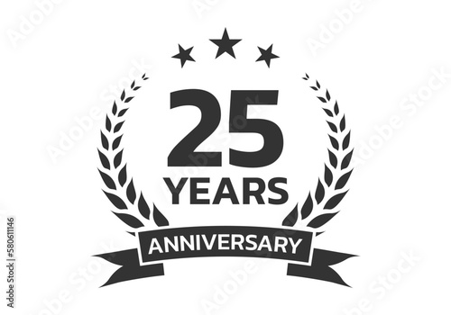 25 years anniversary laurel wreath logo or icon. Jubilee, birthday badge, label or emblem. 25th celebration design element. Vector illustration.