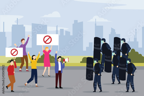 Group riot police with protective gear and shields 2d vector illustration concept for banner, website, illustration, landing page, flyer