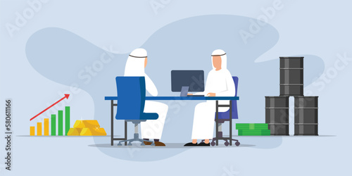 Oil barrels, gold ingots, money. Arab muslim businessman characters working 2d vector illustration concept for banner, website, illustration, landing page, flyer