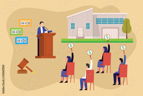 Real estate auction - group of various people holds bid signs 2d vector illustration concept for banner, website, illustration, landing page, flyer