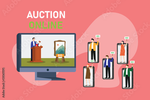 Young auctioneer offering car in online auction 2d vector illustration concept for banner, website, illustration, landing page, flyer