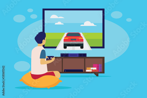 Gaming addiction - Boy playing car race video game 2d vector illustration concept for banner, website, illustration, landing page, flyer