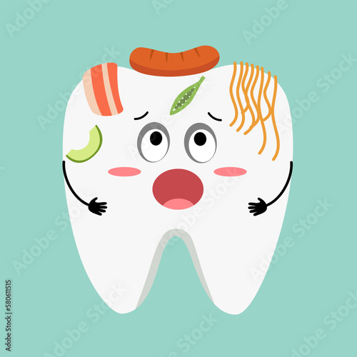 Dirty tooth cartoon character with food that damage teeth in flat design. Dental care. Dental illness. Oral hygiene concept.