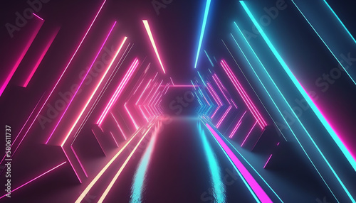 Abstract neon lights tunel background with pink and blue laser rays, glowing lines, 3d render