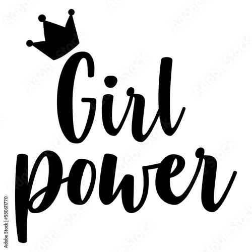 Logo feminista. Letras palabra Girl Power en texto manuscrito con silueta de corona