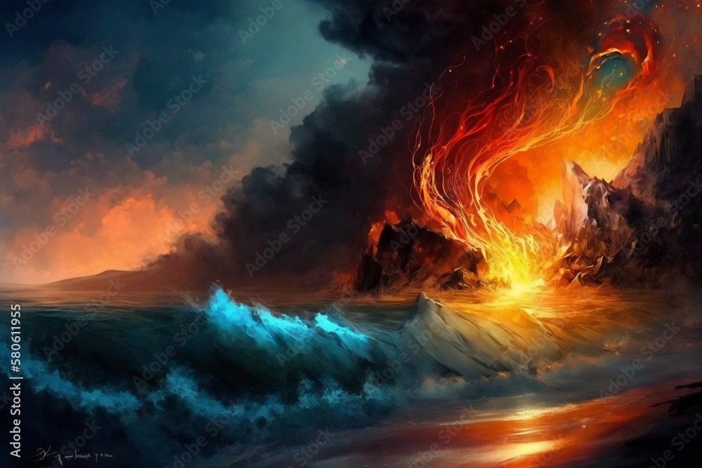 Stormy sea, energy of the sea and fire, fire in the sea