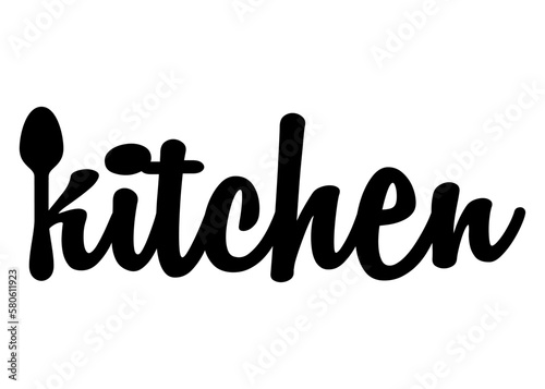 Logo restaurante. Letras palabra kitchen en texto manuscrito con letra k con silueta de cuchara