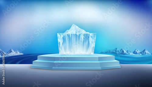 Cool ice show podium stage blue 3d background with winter iceberg product display empty presentation scene or cold advertising platform stand studio template and blank snow pedestal frozen backdrop