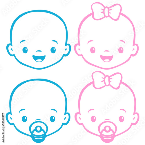 Set de caras de bebés con sonrisa y chupetes en color azul y rosa