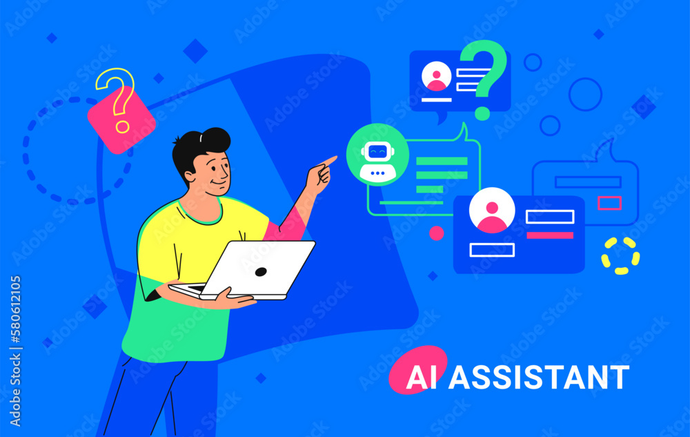 Chatbot ai assistant, online support and conversation. Flat vector illustration of cute man chatting to a bot using laptop. Virtual intelligent assistance, consulting, online support and helpdesk Chatbot ai assistant, online support and conversation. Flat vector illustration of cute man chatting to a bot using laptop. Virtual intelligent assistance, consulting, online support and helpdesk