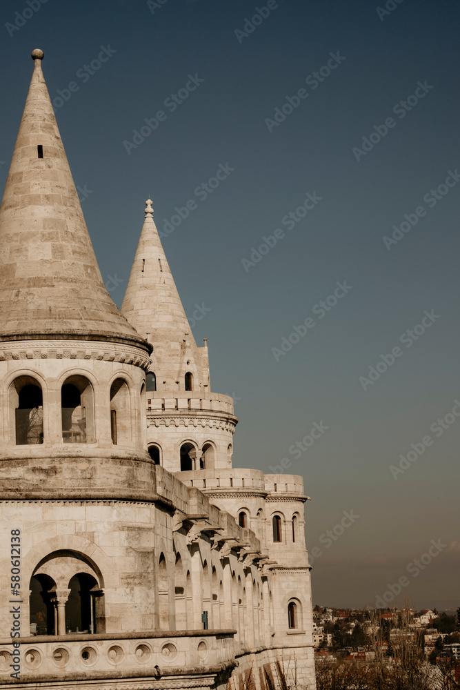 Budapest, Hungary - February 14 2023: Exterior view of the Fisherman's Bastion or  Halászbástya.  Neo-Romanesque Monument in the Buda Castle District of Budapest, Hungary