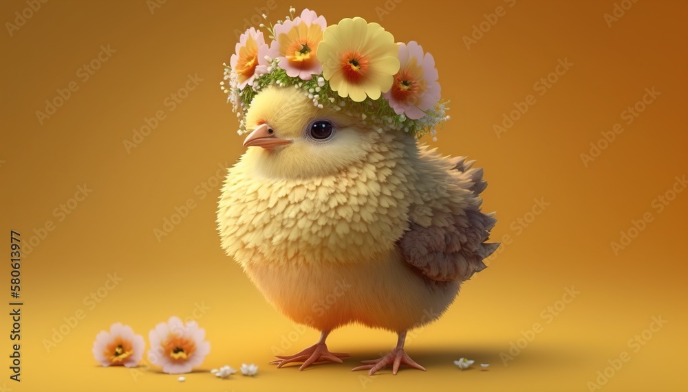 yellow chicken with a wreath of spring flowers on his head, on a yellow background. Generative AI yellow chicken with a wreath of spring flowers on his head, on a yellow background. Generative AI