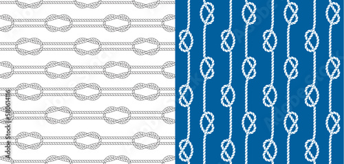 Seamless nautical rope pattern. Endless navy illustration with white loop ornament. Marine Carrick Bend knots on dark blue backdrop. Trendy maritime style background. For fabric, wallpaper, wrapping