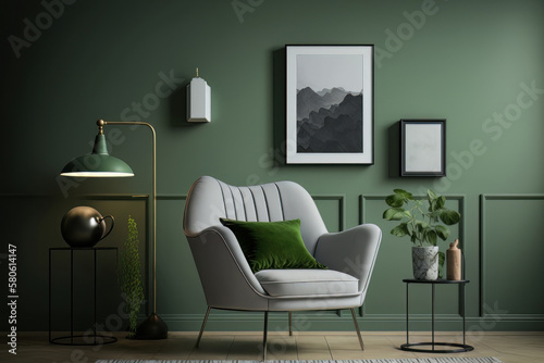 Green living room wall background with grey decorative. Illustration AI Generative