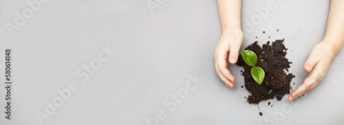 Green sprout growing from soil and a kids hands protecting it isolated on a gray paper background.