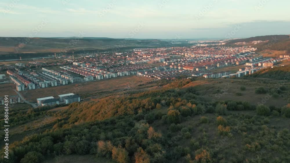 Drone view of a city from the hill Drone view of a city from the hill