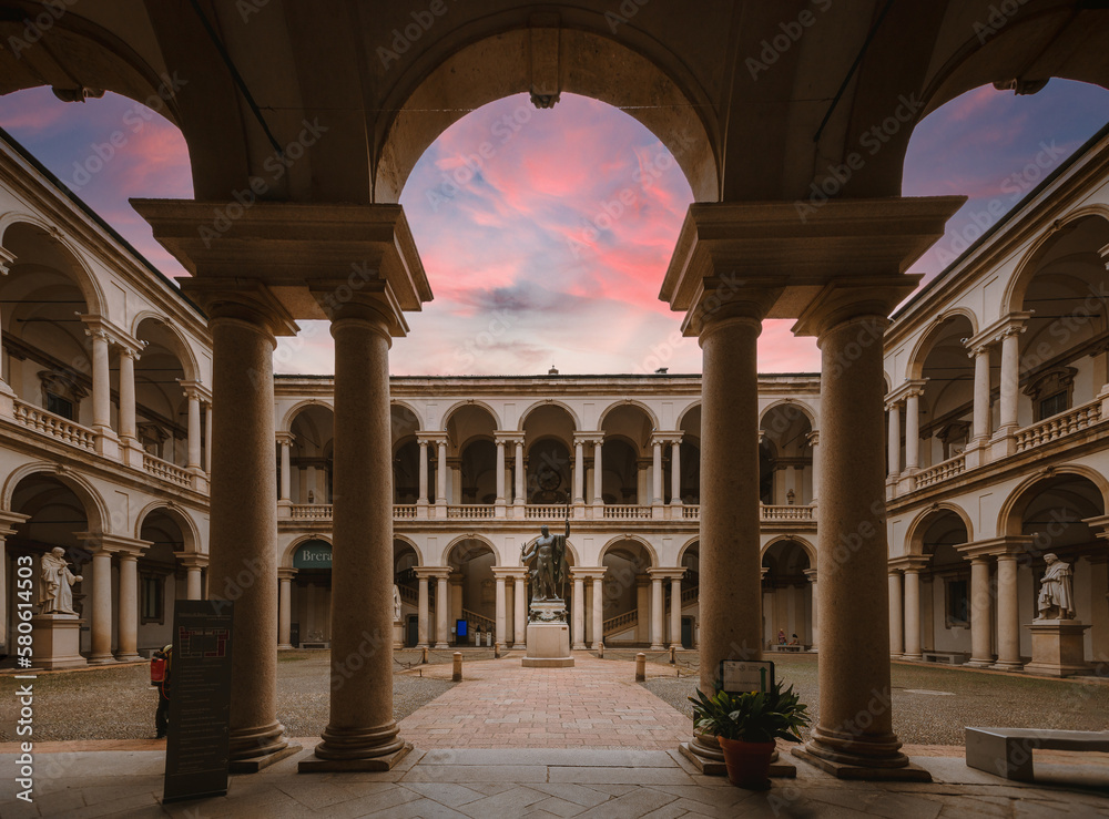 Brera Art Gallery (Pinacoteca di Brera) courtyard at sunset