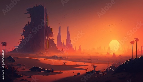 Cityscape of cyberpunk city in the desert at dark suntet, by a generative IA