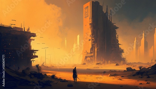 Cityscape of cyberpunk city in the desert at early evening