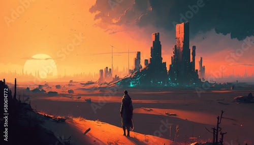Cityscape of cyberpunk city in the desert at dark suntet, by a generative IA
