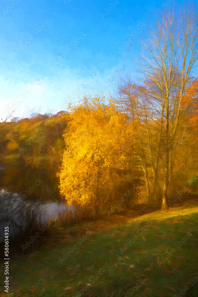 Digital watercolour of autumnal colours at Deep Hayes Country Park.