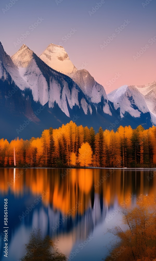 Autumn alpine lake with snow-capped mountains at sunrise