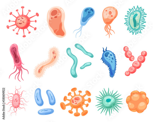 Bacteria and microorganisms of various shapes and colors in a cartoon style. Viruses that cause diseases. Vector illustration
