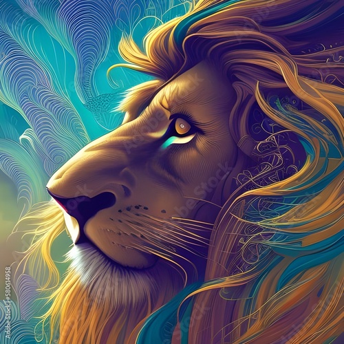 Close-up of a lion's head, with gold and blue hair, over dark background, created with AI generative tools