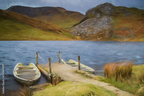 Digital painting of panoramic views of Llyn y Dywarchen, and Snowdon in the Snowdonia National Park, Wales. photo