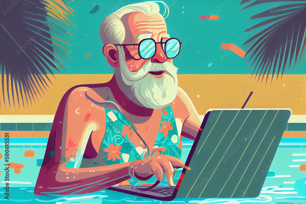 Illustration of elderly man with laptop by the pool, Generative Ai