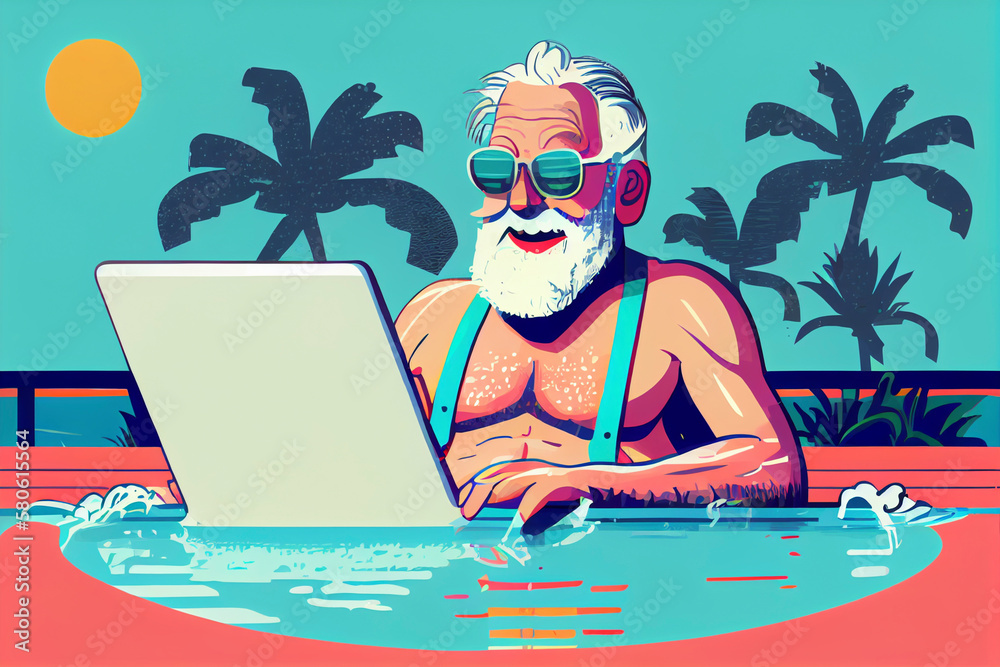 Fototapeta premium Illustration of elderly man with laptop by the pool, Generative Ai