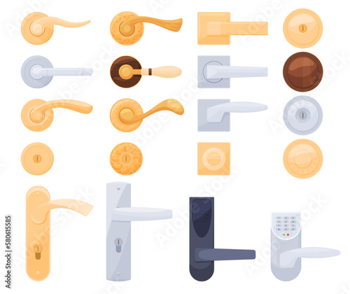 Set of different door handles. Locks handles on the door in the house, hotel. Vector illustration