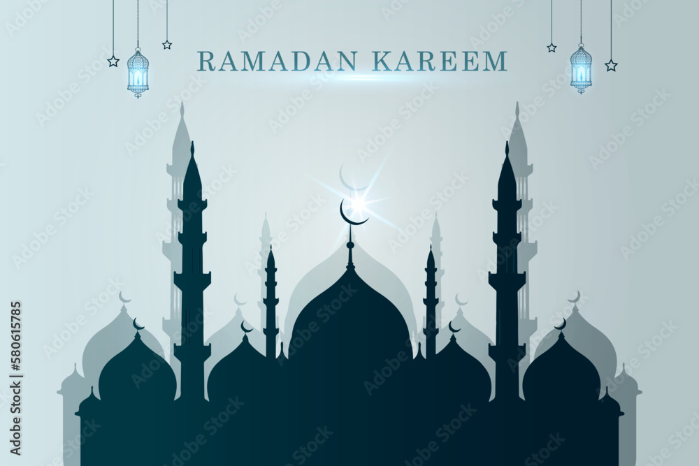 Ramadan Kareem English Typography. An Islamic greeting text in english for holy month Ramadan Kareem. Islamic background with half moon