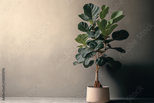 Ficus Lyrata Fake Plant with a beige wall. Illustration AI Generative