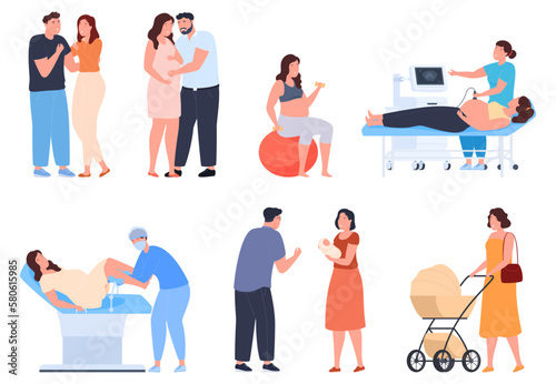 Different stages of a woman pregnancy. Gestation and birth of a child. Family preparing to become parents. Vector illustration