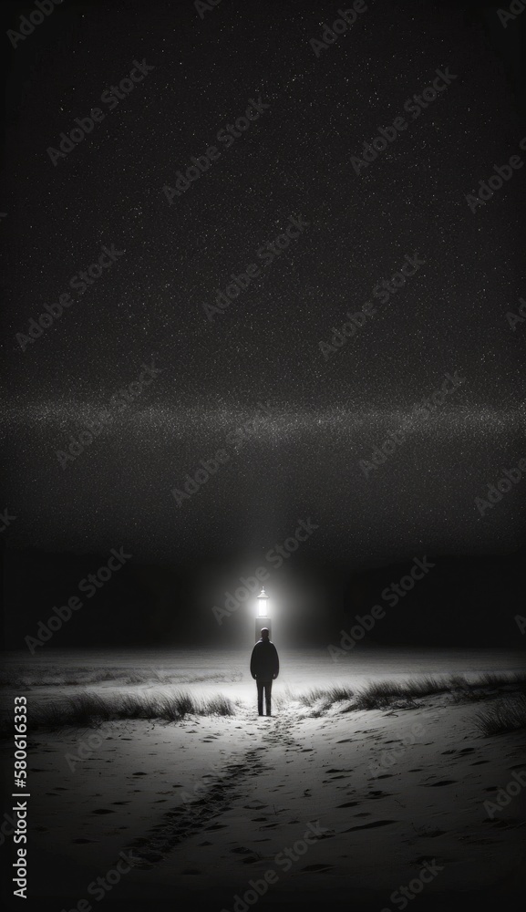 A man standing in the middle of a dark following the path to light Generative AI