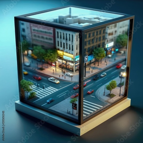 Buildings and traffic street city inside a glass box Generative AI