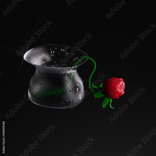 Beautiful red fantastic flower in vase with dew drops on dark background with copyspace. Single Flower. Water dew drops. 3d render, 3d illustration.