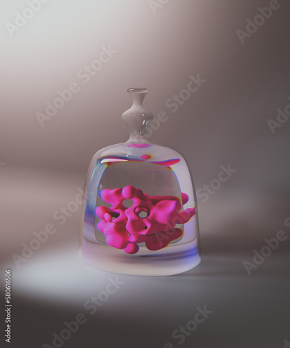 Macro cell of organic shape and pink color under glass hood. Background with copy space. Warmth and softness to design, sense of protection and containment. 3d render, 3d illustration.