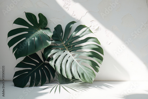 White wall background with stucco texture and big leaves. Illustration AI Generative