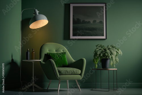 Green living room wall background with grey decorative. Illustration AI Gener...